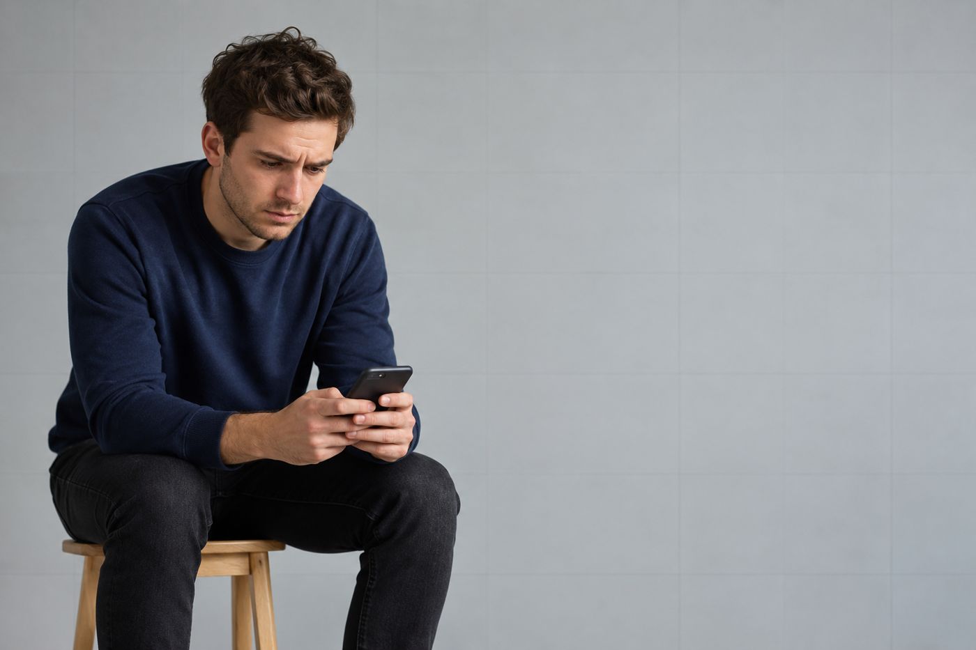 Young man sitting on a stool, phone in hand, waiting for a reply