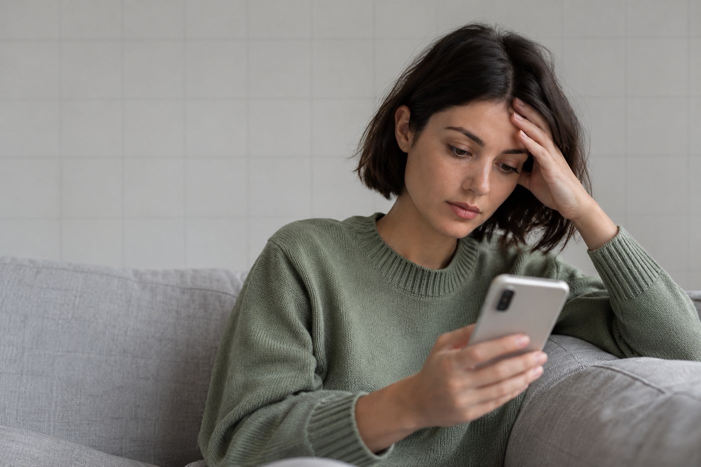 Young woman rereading a message on her iPhone, hand on her forehead